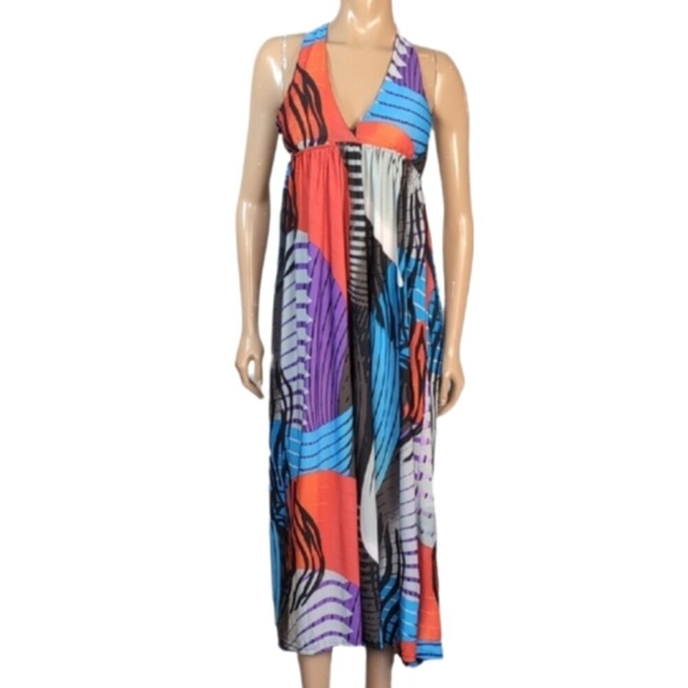 Chesley Halter Maxi Dress Womens Small Multicolor Abstract Twist Open Back